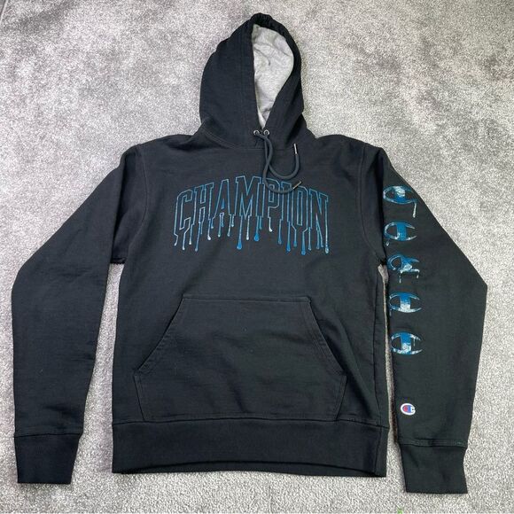 Champion Hoodie Men's Small Black Long Sleeve Spell Out Drip Pockets - Picture 1 of 14